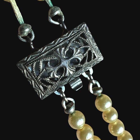 Vtg Sterling 925 Box Clasp Faux Cream Pearl Double-Strand 14" Art Deco Necklace - Picture 13 of 16